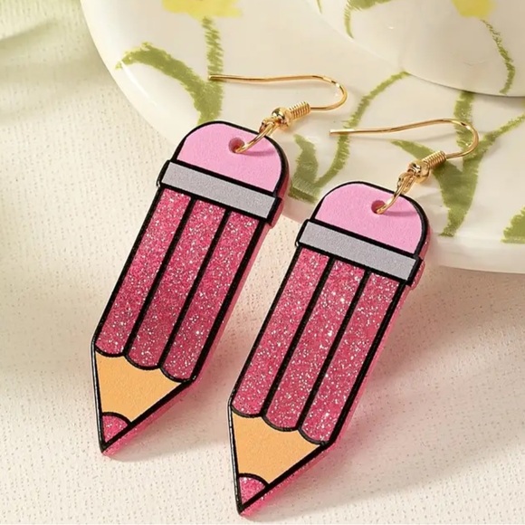 NWT Pink Pencil Dangle Earrings – Lightweight Hypoallergenic Teacher Gift - Picture 1 of 10